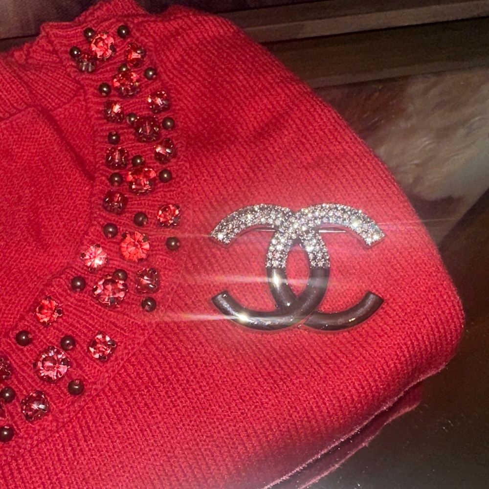 CHANEL Red and Silver Brooch